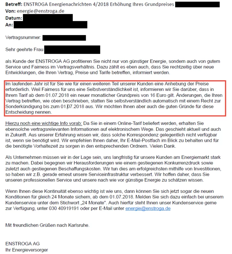 Enstroga Preiserhöhung 2018