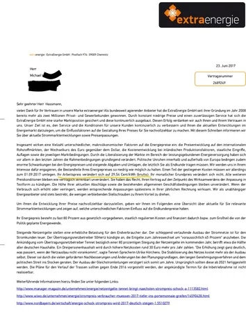 Schreiben Energiemarktentwicklungen und Preisanpassungen