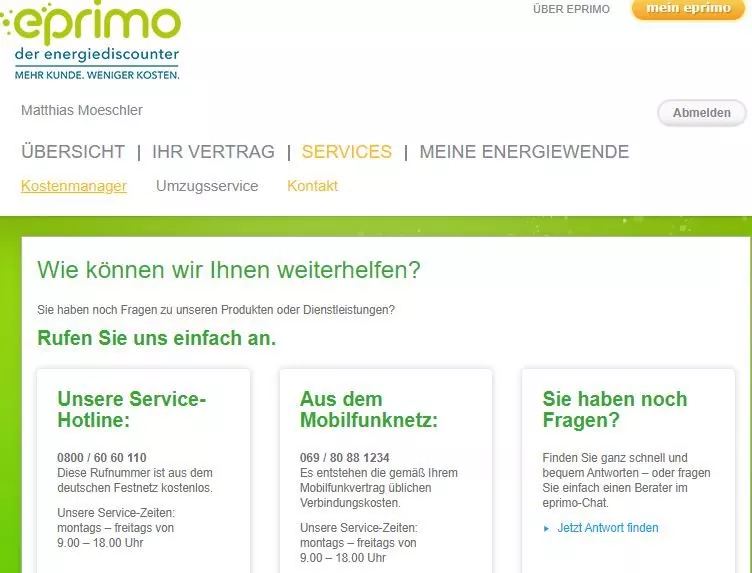 Umzug strom melden - Kundenportal eprimo