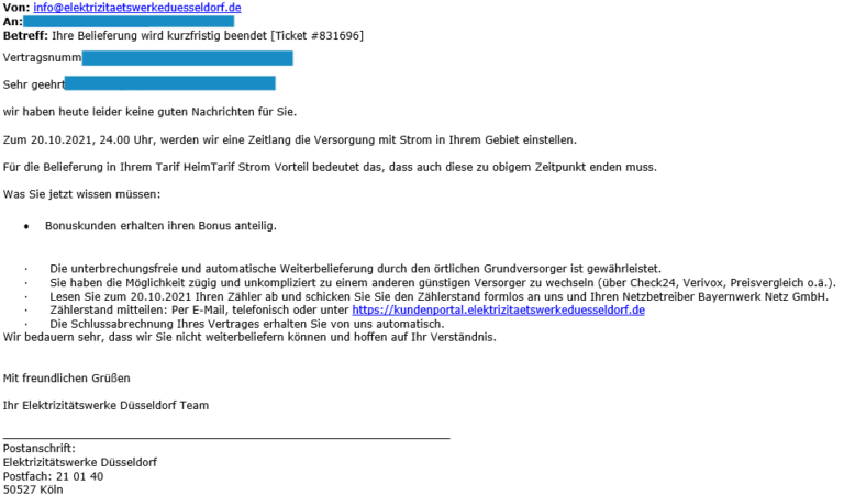 Elektrizitätswerke Düsseldorf - Ihre Belieferung wird kurzfristig beendet