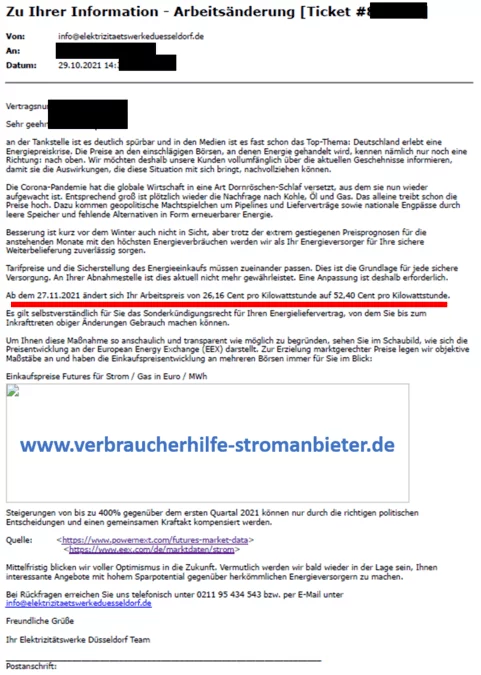 Elektrizitätswerke Düsseldorf Preiserhöhung +100% Arbeitspreis