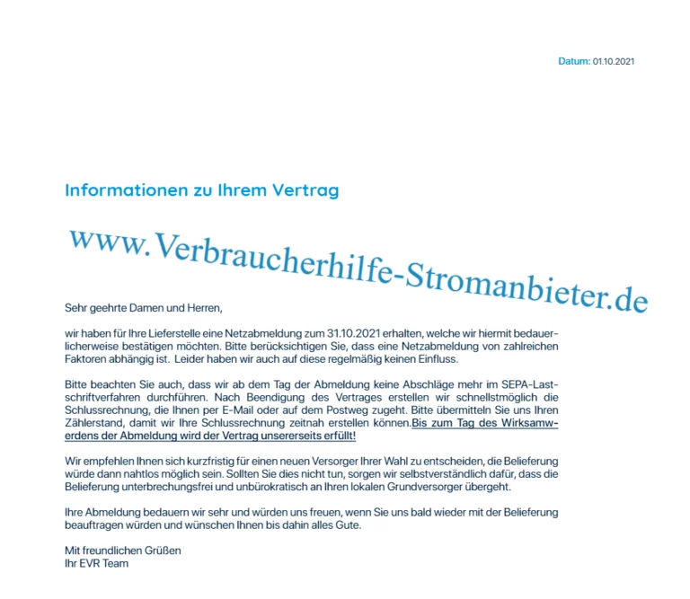 Energieversorger Rheinland GmbH (EVR) Netzabmeldung