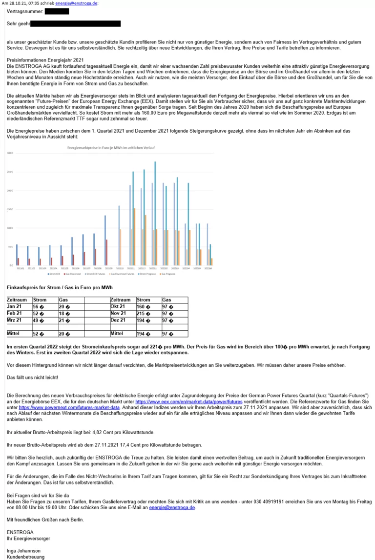 Enstroga +261% Arbeitspreis - Aktuelle Online Kundeninformation - Anhebung Ihres Arbeitspreisbetrages