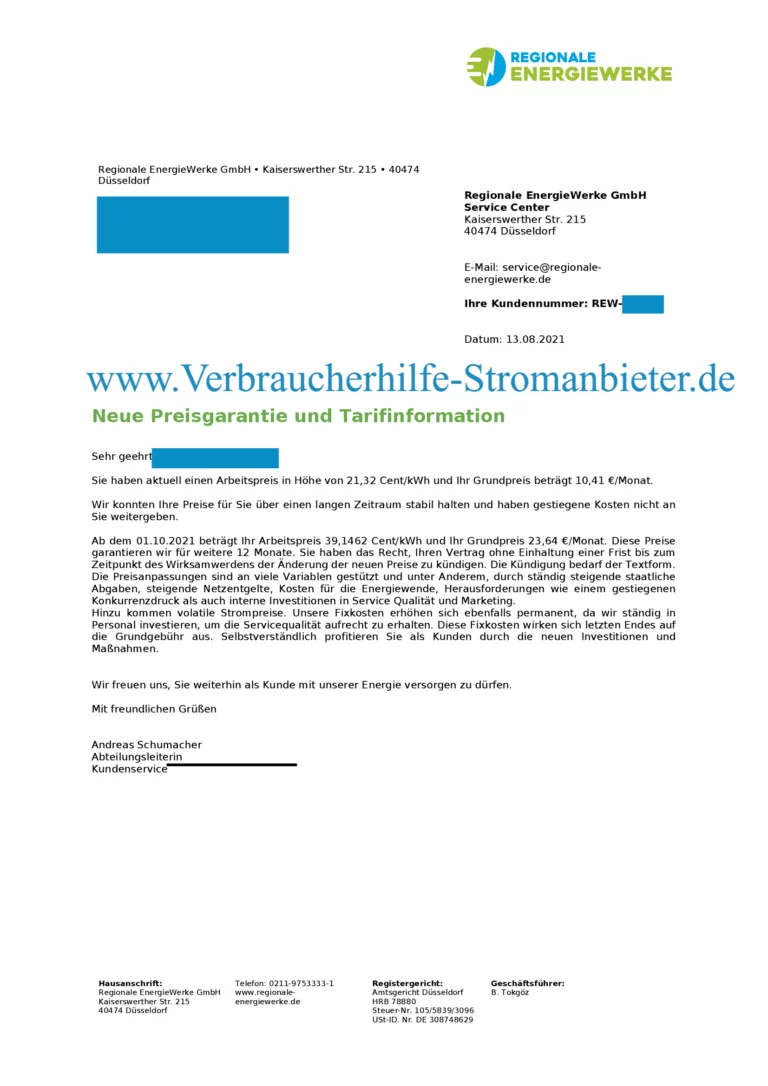 Regionale Energiewerke (REW) - Neue Preisgarantie und Tarifinformationen +84% Arbeitspreis +127% Grundpreis