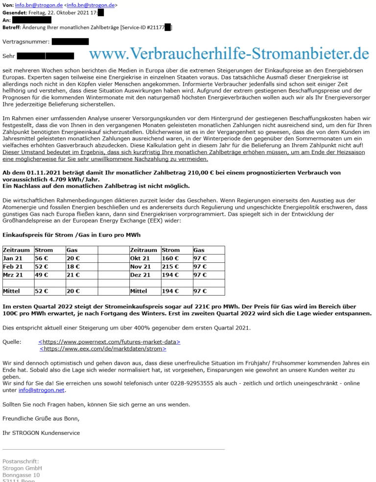 Strogon Abschlag - Änderung Ihrer monatlichen Zahlbeträge