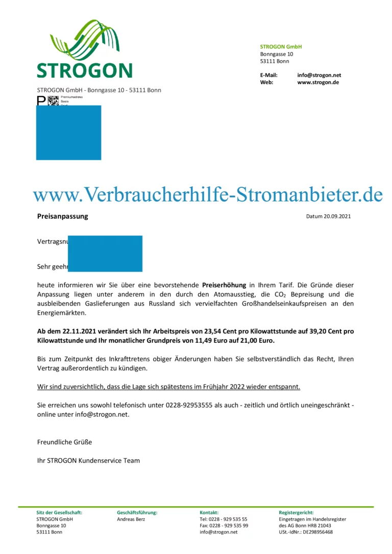 Strogon Preisanpassung +67% Arbeitspreis +83% Grundpreis
