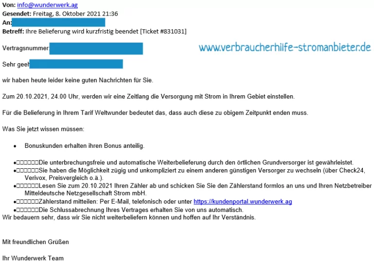 Wunderwerk Ihre Belieferung wird kurzfristig beendet