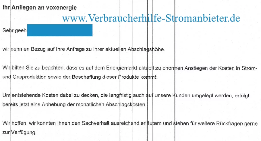 Voxenergie-Abschlagserhöhung