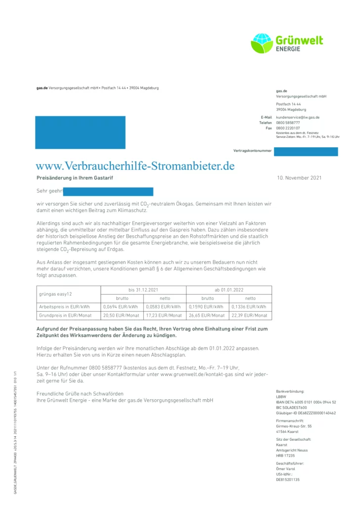 gas.de Grünwelt Energie +129% Arbeitspreis +30% Grundpreis