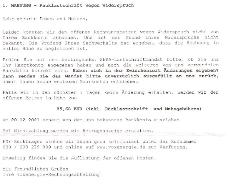 Mahnung Voxenergie