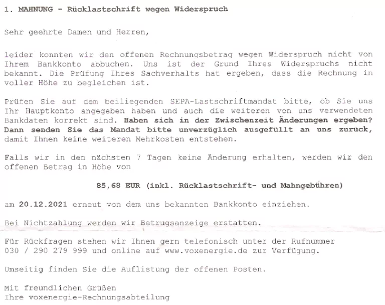 Mahnung Voxenergie