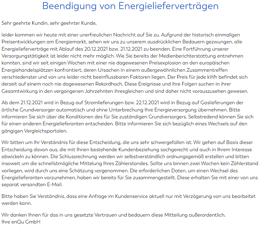 enQu stellt Belieferung ein