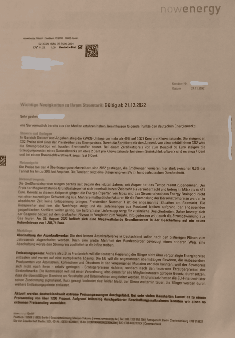 nowenergy Preiserhöhung