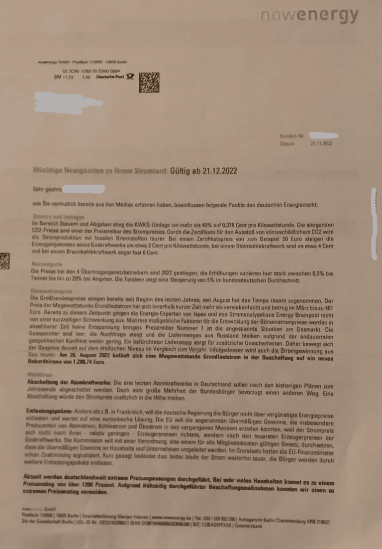 nowenergy Preiserhöhung
