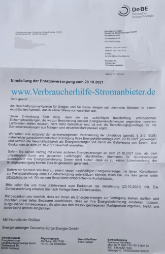 Deutsche BürgerEnergie DeBe - Einstellung der Energieversorgung