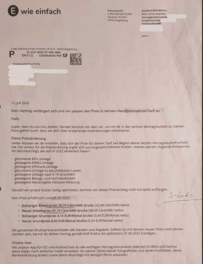Wärmepumpen-Tarif: Preiserhöhung auf 81,74 Cent/kWh zum 1.9.2022