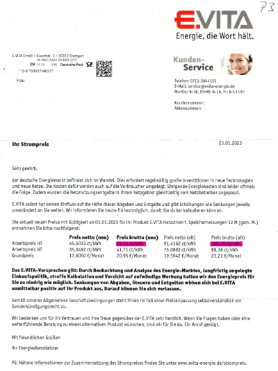 E.Vita Preiserhöhung 2023 Strom