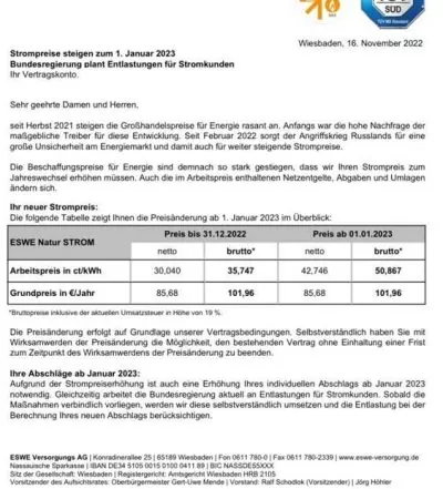 ESWE Preiserhöhung Strom 2023