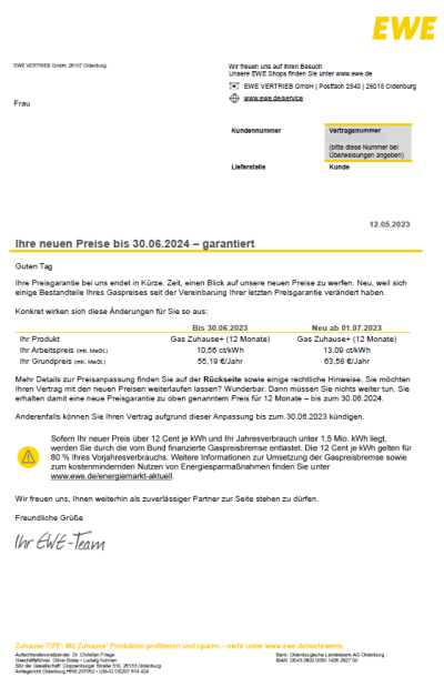 EWE Preiserhöhung Gas 2023