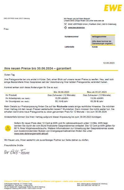 EWE Preiserhöhung Gas 2023