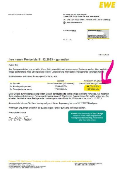 EWE Preiserhöhung Strom