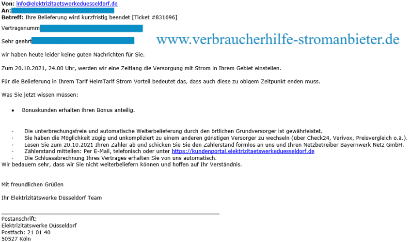 Elektrizitätswerke Düsseldorf Ihre Belieferung wird kurzfristig beendet