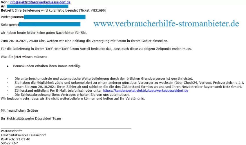 Elektrizitätswerke Düsseldorf Ihre Belieferung wird kurzfristig beendet