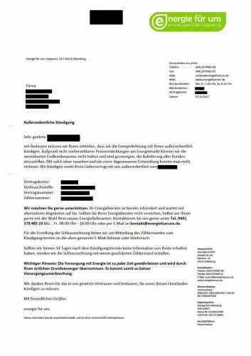 Energie für uns - außerordentliche Kündigung