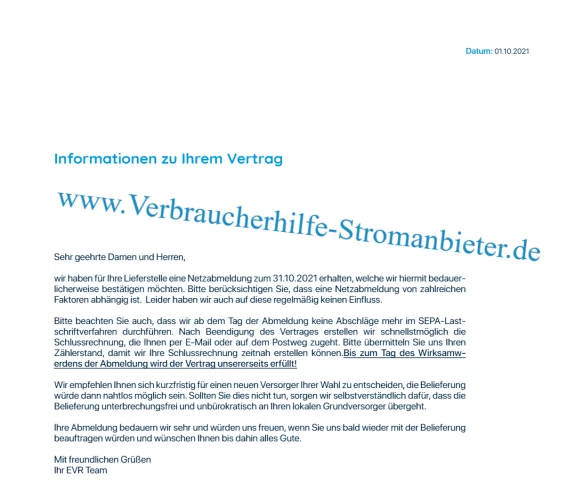 Energieversorger Rheinland GmbH (EVR) Netzabmeldung