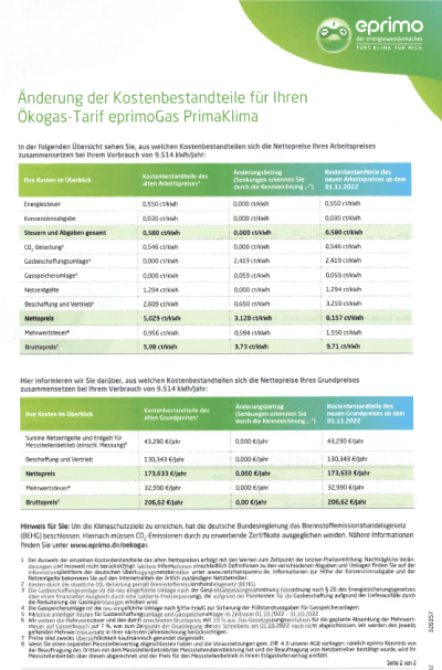 Eprimo Preiserhöhung Gas