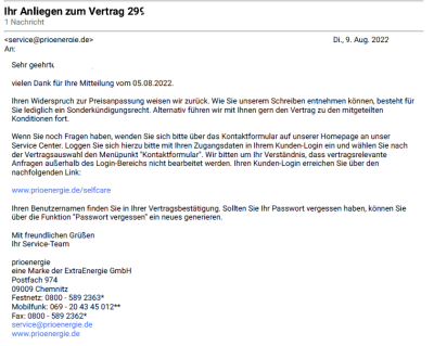 ExtraEnergie Preiserhöhung widersprechen