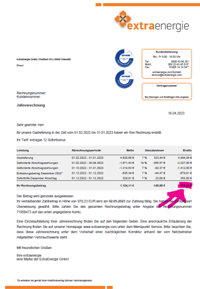 ExtraEnergie Rechnung Strom Gas 2023 S1