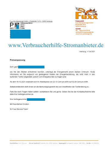 Fuxx Sparenergie - Preisanpassung +125% Arbeitspreis