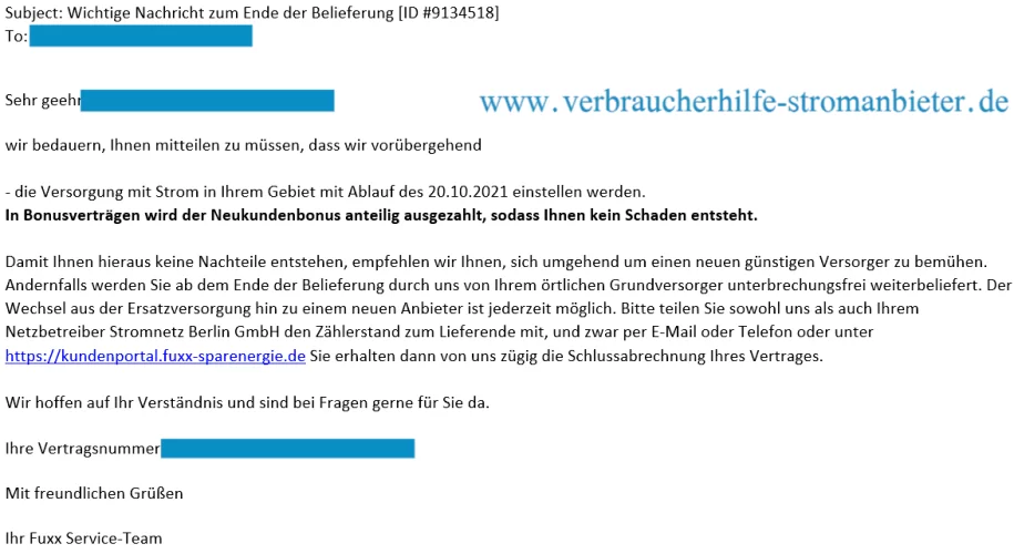 Fuxx Sparenergie Wichtige Nachricht zum Ende der Belieferung