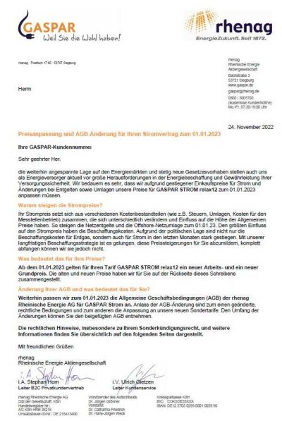 Gaspar Preiserhöhung Strom 2023