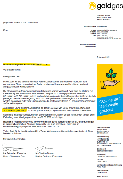 Goldgas Preiserhöhung Strom 2022