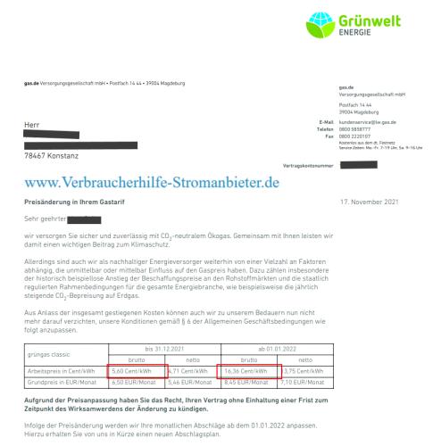 Grünwelt Energie +192% Arbeitspreis