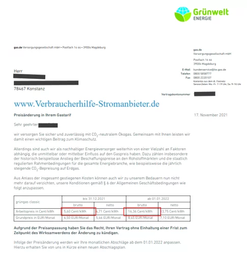 Grünwelt Energie +192% Arbeitspreis