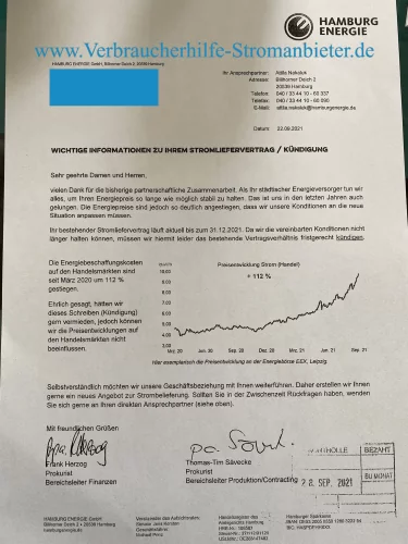Hamburg Energie - wichtige Informationen zu Ihrem Stromliefervertrag - Kündigung