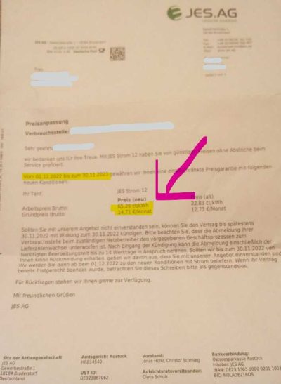 JES Ag Preiserhöhung Strom