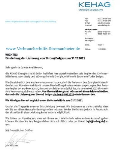 KEHAG Einstellung der Lieferung von Strom Erdgas zum 31.12.2021