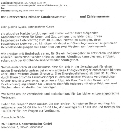 Kaiserenergie Kündigung