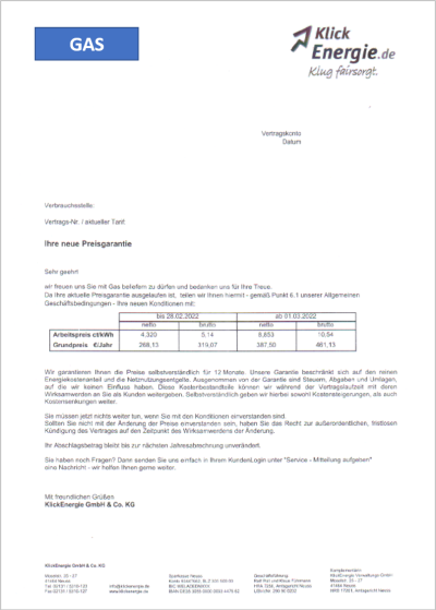 KlickEnergie Preiserhöhung Gas 2022
