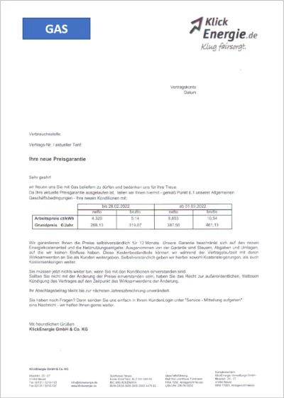 KlickEnergie Preiserhöhung Gas 2022