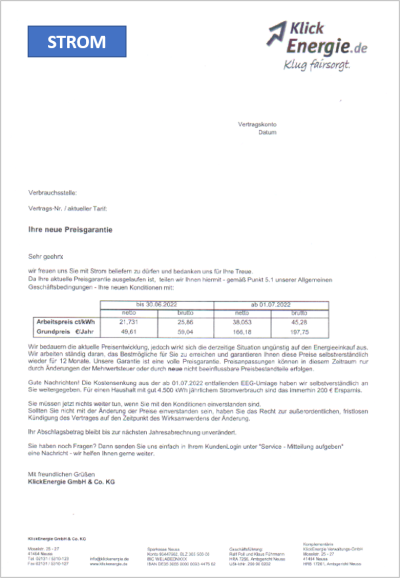 KlickEnergie Preiserhöhung Strom 2022