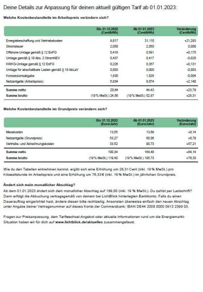 Lichtblick Preiserhöhung 2023 Kalkulation