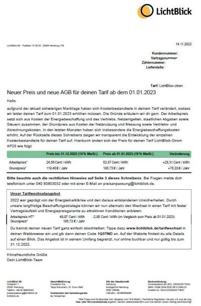 Lichtblick Preiserhöhung 2023