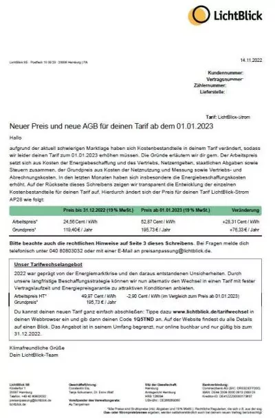 Lichtblick Preiserhöhung 2023