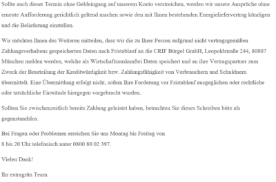 Mahnung Extraenergie