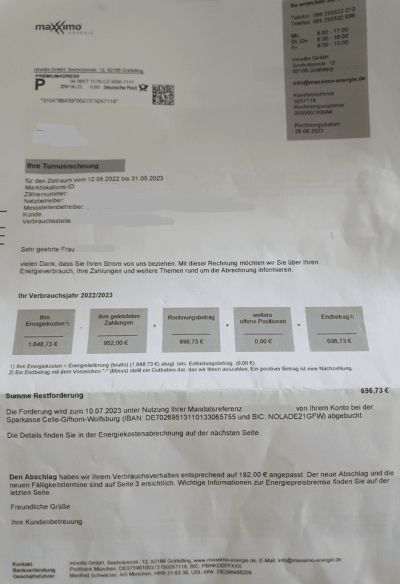 Maxximo Mivolta Rechnung 2023 Strom Gas